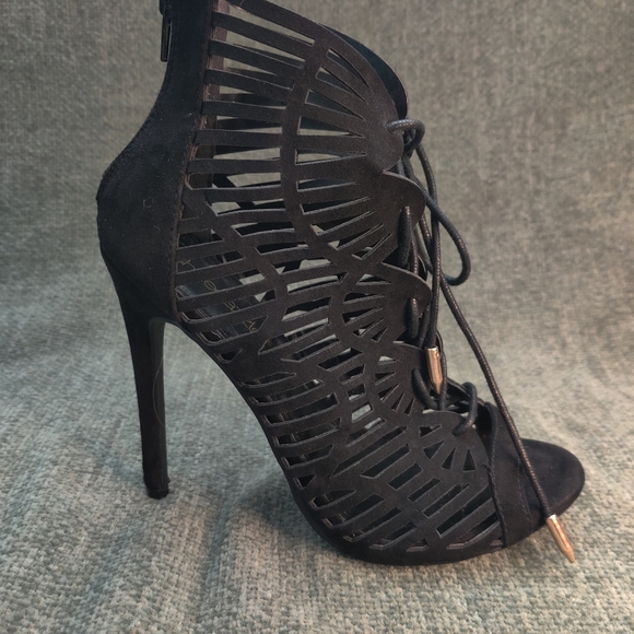 Shoedazzle Black Suede Caged Open Toe Pumps - Picture 5 of 12